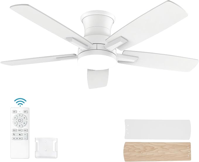 YUHAO 42 Inch Flush Mount White Ceiling Fan with Light and Remote Control.Noiseless,Dimmable,3CCT,6 Speeds Reversible, Low Profile DC Ceiling Fans for Indoor or Covered Outdoor Use,ETL Listed