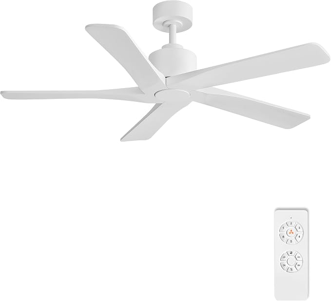 WINGBO 48" DC Ceiling Fan No Light - 5 Carved Solid Wood Blades, 6-Speed Reversible DC Motor, Ceiling Fan without Lights for Living Room Bedroom Kitchen Patio, Indoor and Outdoor, Gloss White