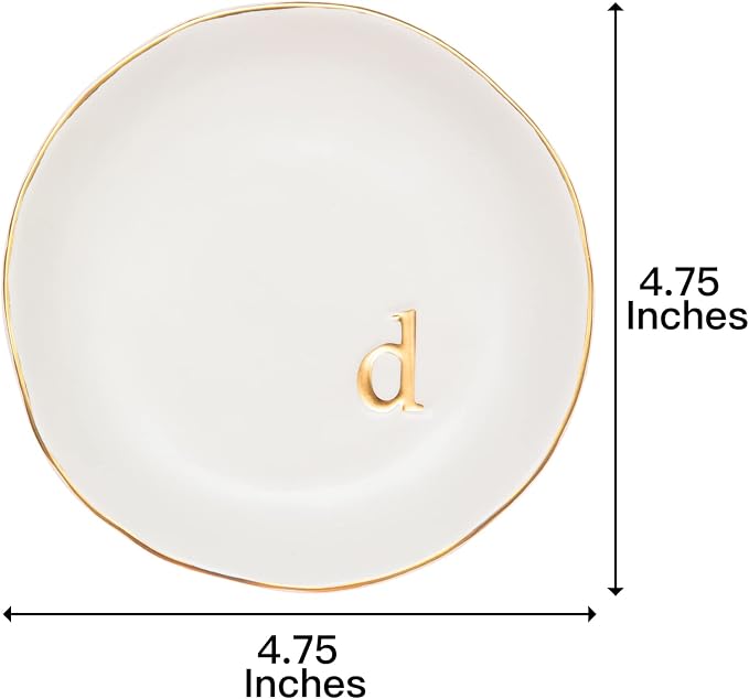 COLLECTIVE HOME Ceramic Jewelry Tray, Trinket Dish, Gifts for Women (D) | Mother's Day, Birthday, Christmas, Engagement Gifts, Vanity, Nightstand Decor, Embossed Gold Monogram Ring Dish with Gift Box