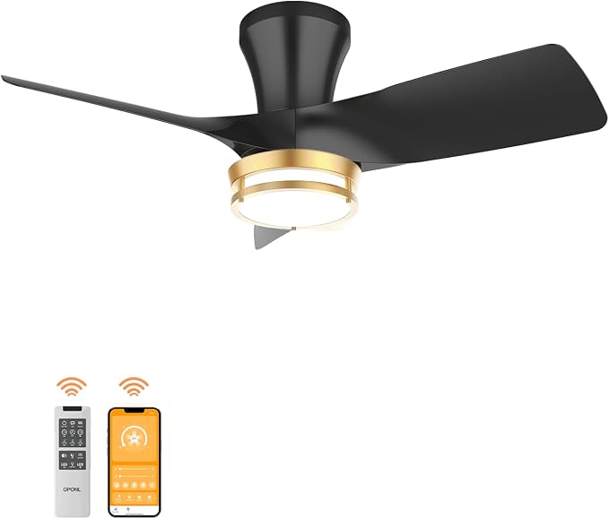 OPONL Ceiling Fan with Light, 30 inch Low Profile Ceiling fan with Light and Remote Control, Reversible, 6CCT, Dimmable, Noiseless, Black Ceiling Fan for Bedroom, Indoor/Outdoor Use, Modern
