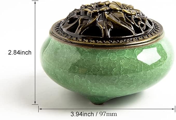 Colorful Ceramic Ice Cracked Incense Burner, Household Incense Holder, Zen Buddha Cone Coil Stick Incense Base with Cover (Green)