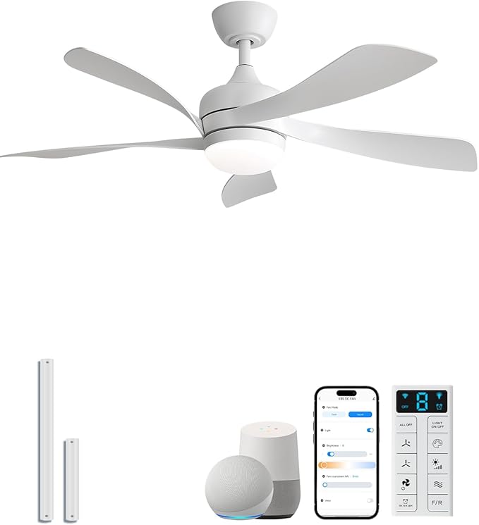 Sofucor 42" Smart Ceiling Fan, Indoor/Outdoor White Ceiling Fans with Lights and Remote, Works with Alexa/Google/App, 3-Color Light 6-Speed Timing Reversible DC Motor for Bedroom Living Room Patio