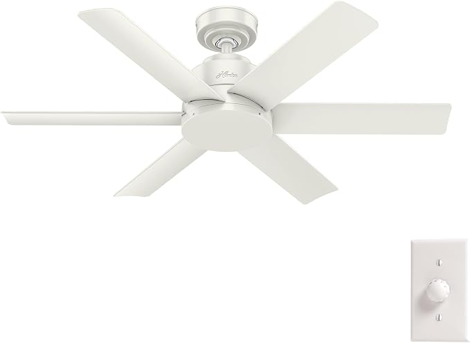 Hunter 44 inch Outdoor or Indoor Ceiling Fan No Light - White Ceiling Fan without Light, For Patio, Porch, Garage, or Living Room, Standard Mount, 6 Blades, Wall Control - Kennicott 59614, Fresh White