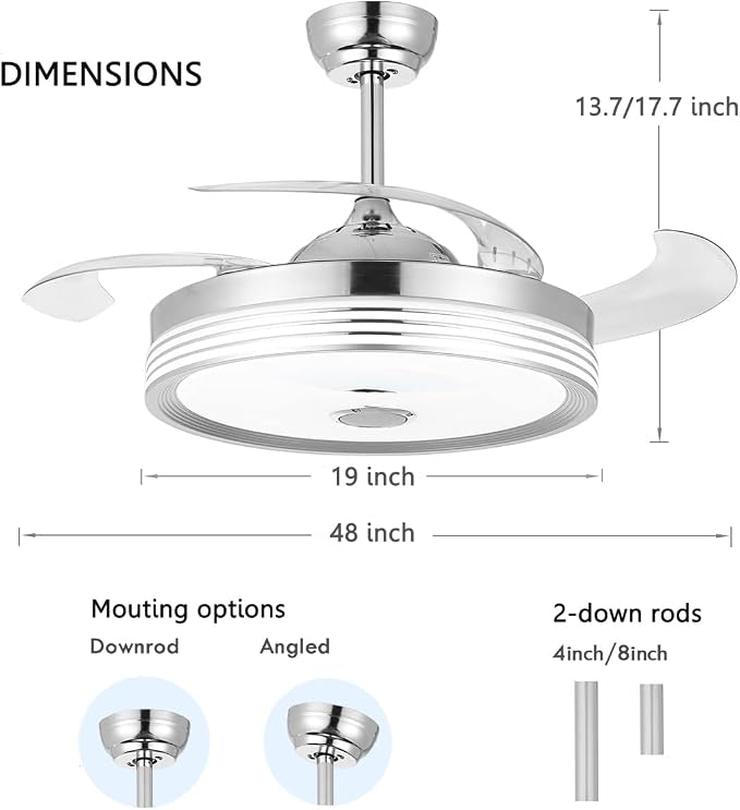 42 inch Retractable Ceiling Fan with Lights and Remote Control, 6Speed Dimmable Fandelier, RGB Modern Smart Ceiling Fan Light with Bluetooth Speaker, Reversible Bedroom