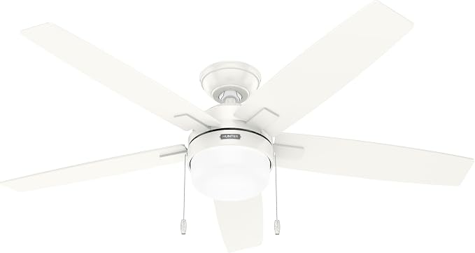 Hunter 52 inch Indoor Ceiling Fan with LED Light - White Ceiling Fan with Pull Chain, for Bedroom or Living Room, Standard Mount, No Remote, 5 Blades, Includes Bulbs - Anisten 52487, Fresh White | Standard Mount, Pull Chain, 5 Blades, For Bedroom, Livi...