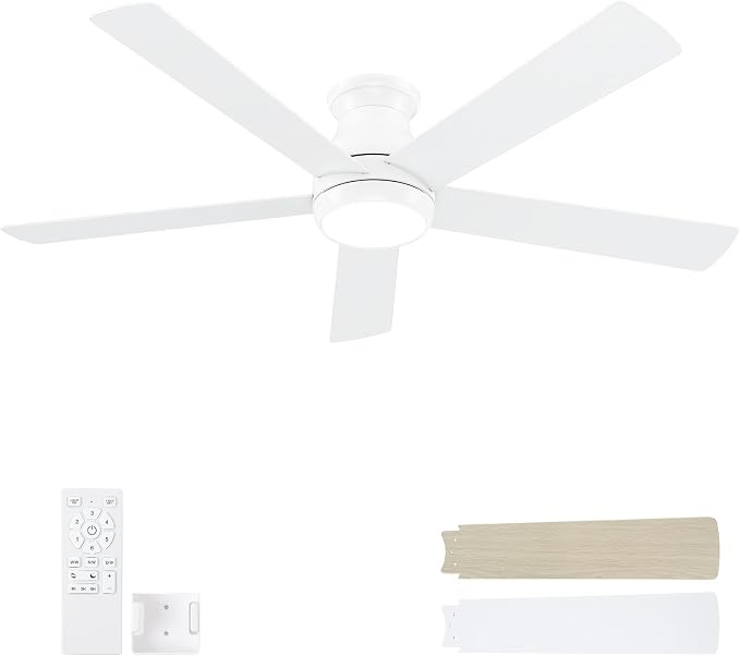 POCHFAN 60 Inch White Ceiling Fans with Lights and Remote, LED Low Profile Flush Mount Ceiling Fan for Bedroom, Living Room, Quiet DC Motor, Dimmable 6 Speeds
