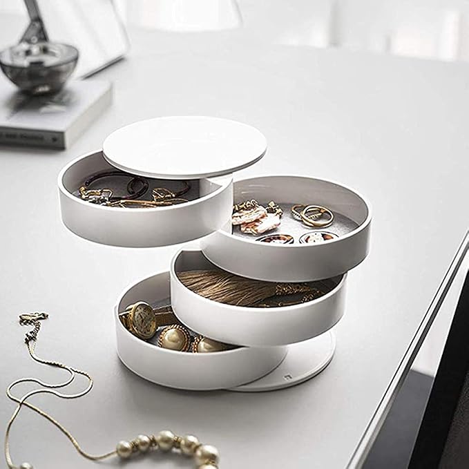Jewelry Organizer Small Jewelry Storage Box 4-Layer Rotating Travel Jewelry Tray Holder for Women Bracelets Rings Bracelets Earrings (White)