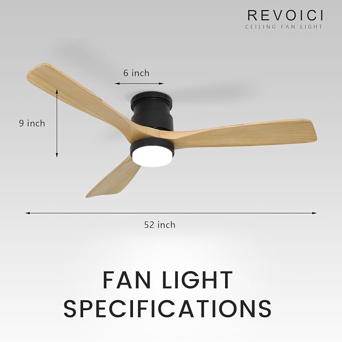 52inch Natural Wood Flush Mount Ceiling Fan with Light and Remote Control