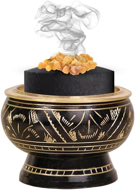 ARO VATIKA Incense Brass Burner (Black) | Used for Burning Charcoal, Sambrani, Dhoop & Resin | for Office Temple Prayer | Wooden Coasterto Hold | Home Purifying Loban Stand