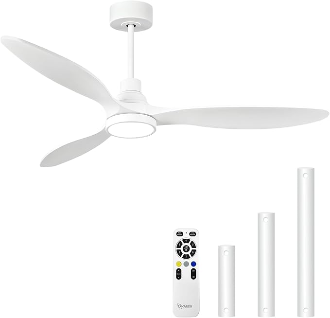 Ovlaim 52 Inch White Wood Ceiling Fan with Light and Remote | 30dB Quiet DC Motor, 6-Speed, Dimmable 3-Color, Memory Function, Reversible Motor, 3 Downrods Included, Bedroom Living Room