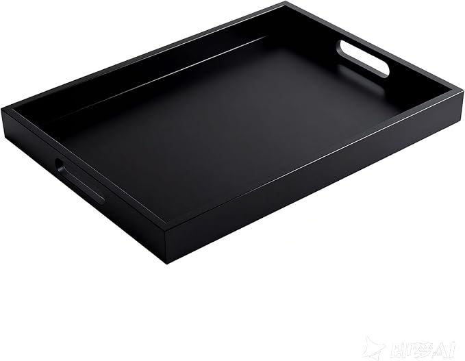 Krismax Wooden Serving Tray with Handles, Serving Platter 15.7x11.4 Inch Food Drinks Tray for Coffee Table,Decorative Storage Tray for Entertaining, Breakfast Tray in Bed,Lunch,Dinner,BBQ(Black)
