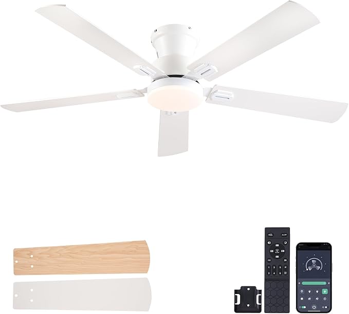 NKPU 52" Ceiling Fans with Lights, Low Profile Ceiling Fan with Light and Remote/APP Control, 6 Speed, Dimmable, Safe Quiet DC Motor, White Flush Mount Ceiling Fan for Bedroom Indoor/Outdoor Use