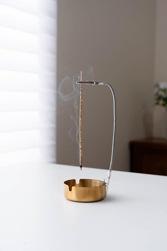 Modern Incense Holder with Flexible Metal Stand, Silver Ash Collector Base, Minimalist Design for Home Meditation and Aromatherapy.