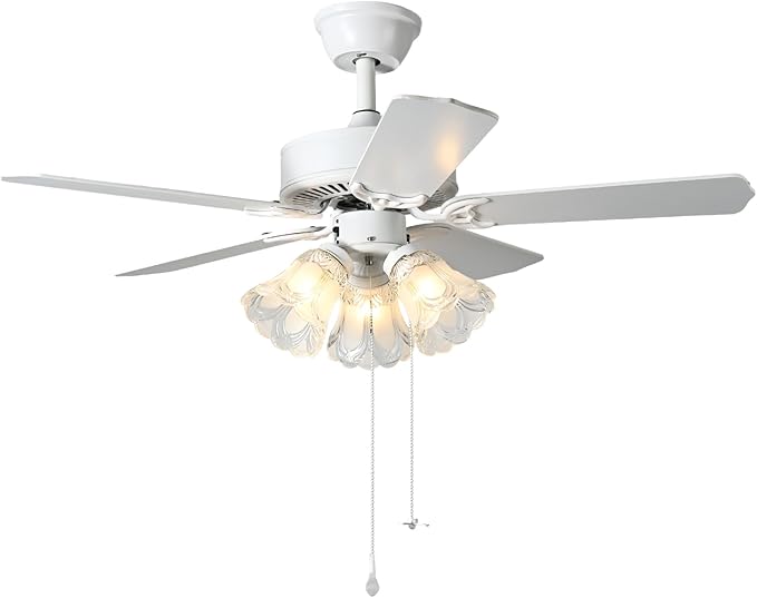 42 Inch Indoor Ceiling Fan with Pull-chain and Three LED Light Bulbs Base, Traditional 3-Speeds Reversible Blades Ceiling Fan (White)