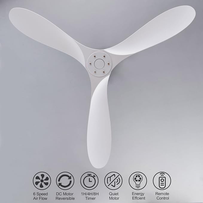 KBZZ 52'' Ceiling Fan Without Light, ABS Ceiling Fan with 3 Blade and Down Rods, Remote Control, DC Motor, Indoor Outdoor Ceiling Fans for Patio, Living Room, Bedroom, Office