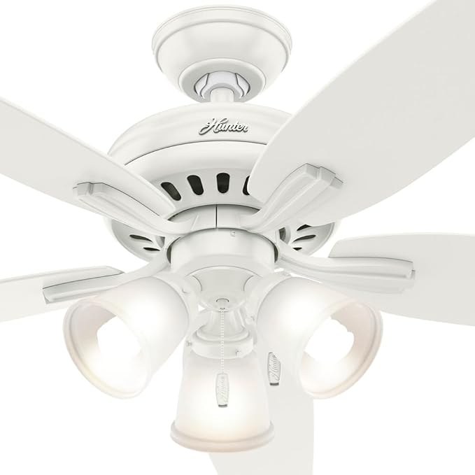 Hunter 52 inch Indoor Ceiling Fan with LED Lights - White Ceiling Fan with Pull Chain, For Bedroom or Living Room, Standard Mount, No Remote, 5 Blades, Includes Bulbs - Newsome 53316, Fresh White | Standard Mount, Pull Chain, 5 Blades, For Bedroom, Liv...