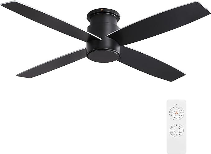 WINGBO 44" Flush Mount DC Ceiling Fan without Lights, 4 Reversible Plywood Blades, Quiet 6-Speed DC Motor, Hugger Low Profile Ceiling Fan No Lights for Bedroom, Black Finish
