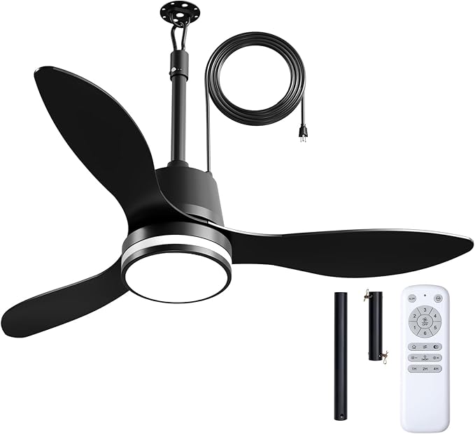 Amico 42 Inch Outdoor Ceiling Fans with Lights for Patios, IP65 Waterproof Gazebo Fan Remote Control, 3000-6000K, 6 Speeds, Hook Hanging Plug in Ceiling Fan for Patio Porch Pergola Garage Canopy