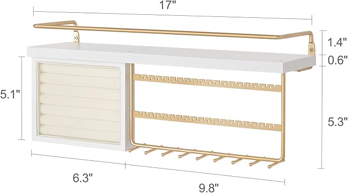 Mkono Hanging Jewelry Organizer Wall Mounted Jewelry Organizer Necklace Holder with Rustic Wood Shelf, Ring Display Box, Ear Studs Earring Holder Bracelet Organizer (Gold)