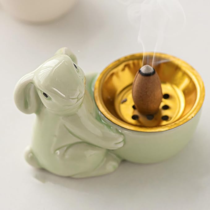 Ceramic Rabbit Incense Burner Rabbit Figurines Statue Ornament Easter Incense Sticks Holder Waterfall Arab Incense Holder for Home Decor (Green)