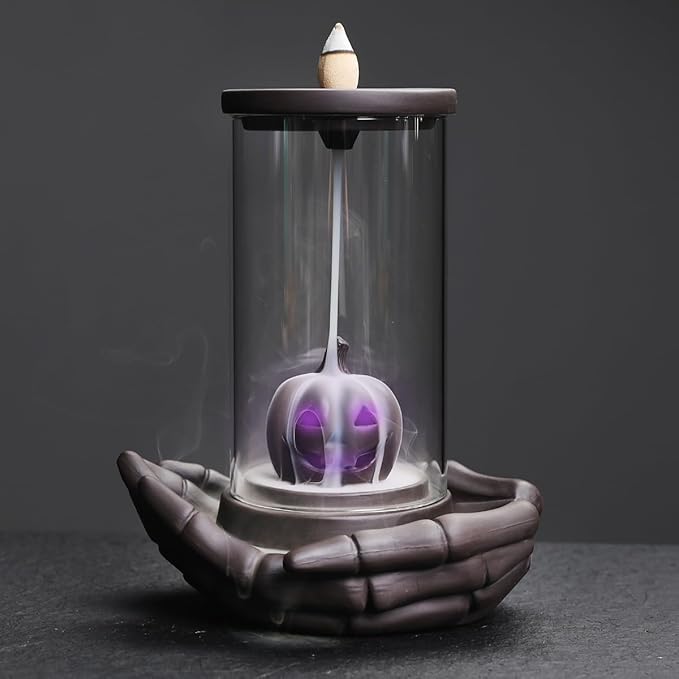 Pumpkin Incense Burner Holder - Backflow Waterfall Cone Incense Holder, LED Ceramic Unique Claw Incense Burner with 15 Incense Cones for Halloween/Aromatherapy/Yoga/Home/Room/Office Deco