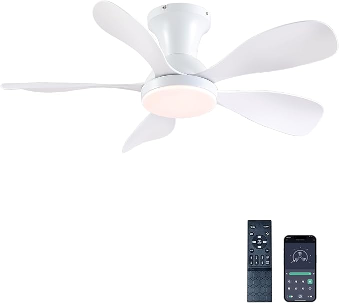 NKPU Ceiling Fans with Lights and Remote/APP Control, 33 Inch Low Profile Flush Mount Ceiling Fan with 3 Colors Dimmable LED, Reversible 6 Speeds DC Motor for Outdoor Patio, Kids Room, Bedroom, White