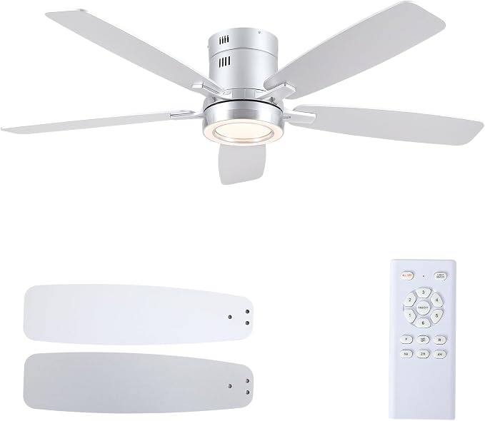 52 Inch Modern Ceiling Fans with Lights Flush Mount Indoor, Silver | Low Profile, Dimmable LED, Reversible, Quiet DC Motor, Wooden Blades, for Modern Apartment Bedroom Home Office Living Room