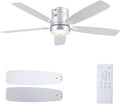 52 Inch Modern Ceiling Fans with Lights Flush Mount Indoor, Silver | Low Profile, Dimmable LED, Reversible, Quiet DC Motor, Wooden Blades, for Modern Apartment Bedroom Home Office Living Room