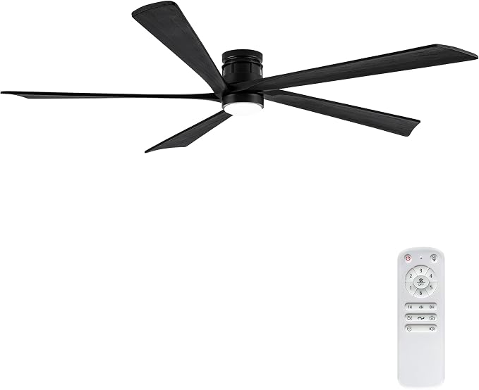 EKIZNSN 84 Inch Outdoor Low Profile Flush Mount Ceiling Fans with Lights for Patios, 110V Noiseless Reversible DC Motor, 6-Gear Speed (Black Finish with Black Blades)