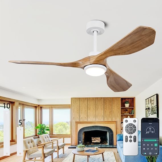 52" Solid Wood Ceiling Fan With Light,Silent Reversible Dc Motor And Remote | tung wood blades, copper dc motor,6-speed reversible remote, 1500lm led light, under 30db quiet,2 downrods for indoor outdoor