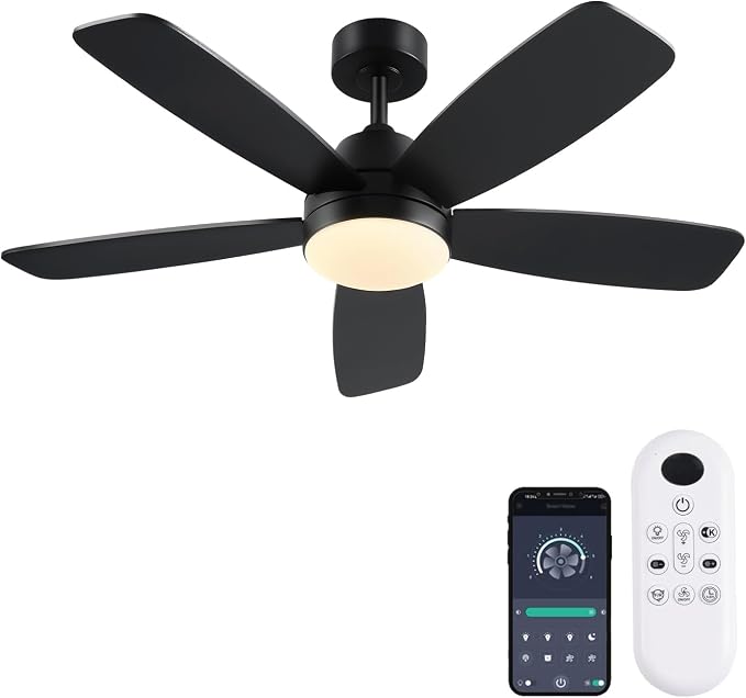 GJeg Ceiling Fans with Lights, 42 Inch Low Profile Ceiling Fan with Lights and Remote Control, LED Dimmable DC Reversible, 8 Speed, Noiseless, Modern Black Ceiling Fan for Bedroom, Indoor/Outdoor Use