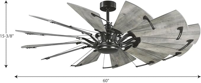 Progress Lighting Springer Collection DC Motor Farmhouse Windmill Ceiling Fan, Matte Black, 12-Blade (60" W x 17-3/8" H) P250000-31M