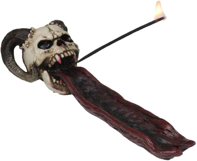 Ebros Vampire Fanged Ram Horned Skull with Demonic Tongue Incense Stick Burner Holder 10.5" Long Skulls Skeletons Halloween Aromatherapy Decorative Accent Figurine Accessory