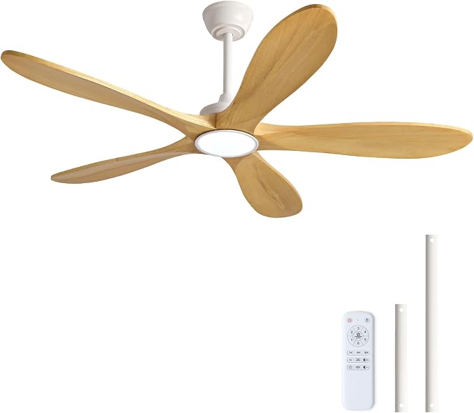 52 Inch White Ceiling Fans with Lights and Remote Control, 5 Blade Natural Wood Ceiling Fan with Light, Modern Indoor Outdoor Ceiling Fan for Patio, Bedroom, Dimmable, Reversible DC Motor