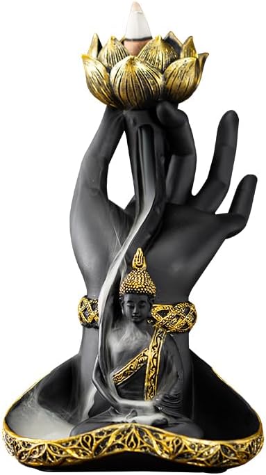 Hand-Held Lotus Backflow Incense Burner & Candle Holder - Zen Waterfall Incense Fountain with Buddha Statue, Resin Incense Burner for Home Decor, Meditation & Yoga Relaxation