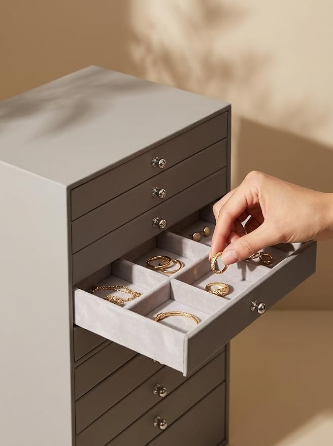 GUKA Large Jewelry Box, Jewelry Case with 10 Drawers for Big and Small Jewelry, Jewelry Storage Organizer for Watch Earrings Necklace Rings Bracelets, Birthday Wedding Gifts, Grey