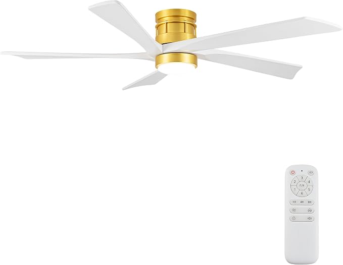 EKIZNSN 72 Inch Modern Low Profile Ceiling Fan with Lights for Living Room, 5 Walnut Wood Blades, 6-Gear Speed, 110V Noiseless Reversible DC Motor (Gold Finish with White Blades)