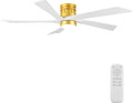 EKIZNSN 72 Inch Modern Low Profile Ceiling Fan with Lights for Living Room, 5 Walnut Wood Blades, 6-Gear Speed, 110V Noiseless Reversible DC Motor (Gold Finish with White Blades)
