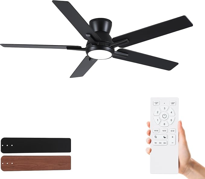 Sevenine 52'' Balck Flush Mount Ceiling Fan with Light & Remote, ETL Listed | 6 Speed, Quiet DC Motor, 3-Level Timer Function, 3 Color Temperature, Forward/Reserve For all Seasons, Indoor/Covered Outdoor