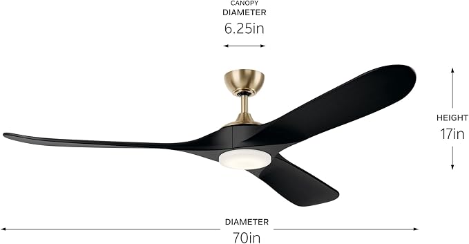 KICHLER Mylo 70 in Modern Ceiling Fan with Light and Remote Control, 6-Speed Damp Rated Fan with Satin Etched Cased Opal Glass and Jet Black Wood Blades in Champagne Bronze, 310570CPZ