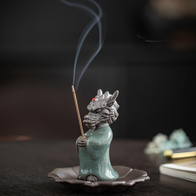 Lucky Dragon Incense Holder with 30 Incense Sticks, Handmade Incense Stick Burner, Lotus Flower Base, Elegant Home Office Decoration Accessories