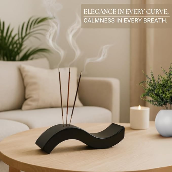 Handcrafted Mango Wood Incense Holder, 8-Inch Curved Stick Stand in Dark Gloss Finish, Modern Mandir, Meditation, Yoga & Spa Décor Tray, Elegant Wooden Aromatherapy Accessory