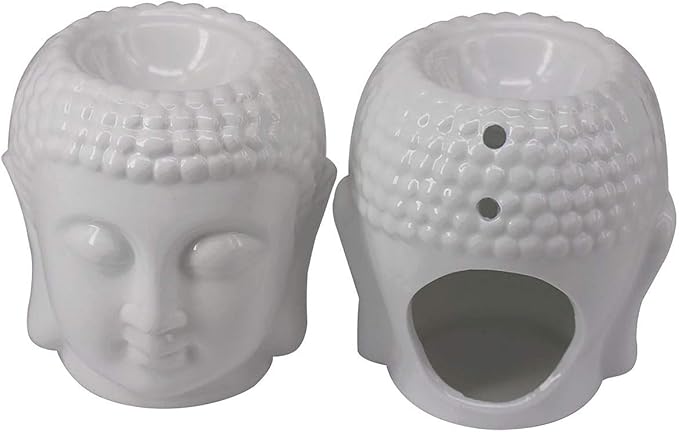 Buddha Head Ceramic Tea Light Holder,Essential Oil Burner Candle Aroma Diffuser for Spa Yoga Meditation (White)