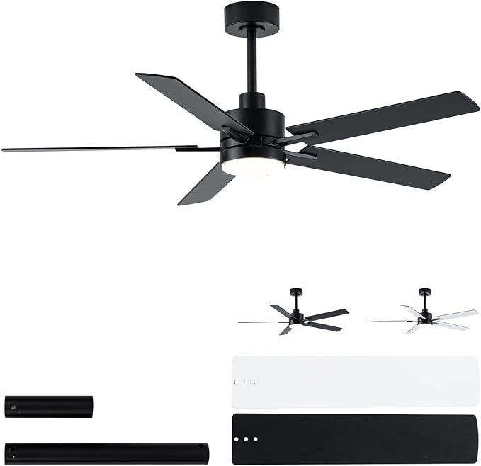 LANMEL 52'' Black Ceiling Fans with Lights and Remote, 6 Speed Low Profile Modern Ceiling Fan with Quiet DC Motor for Indoor Outdoor Bedroom Living Room