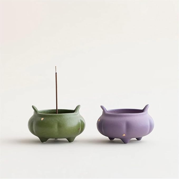 Hermit Life Incense Burner with 9 Holes Stick Holder, Lotus Bud or Tripod Ding Shape Design and Matte Ceramic Surface for Home Décor, Incense Stick Holder with Ash Catcher (Green Tripod Ding)