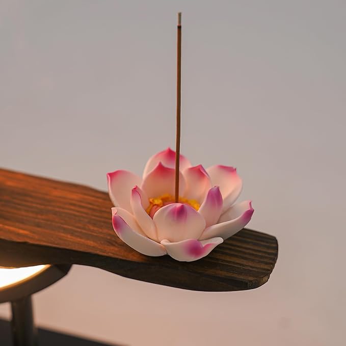 TFCFL Backflow Incense Holder with LED Light Ring, Chinese Style Handmade Flower Censer Incense Cone Sticks Burner Home Decor Aromatherapy Ornament Incense Holders + Cone