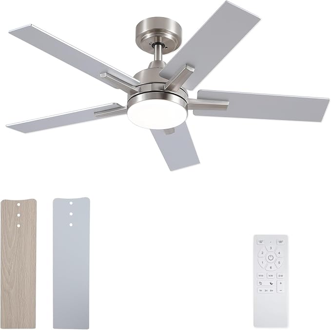 42 Inch Brushed Nickel Ceiling Fans with Lights and Remote, Reversible, 3CCT, Dimmable, Noiseless, Downrod, Small Ceiling Fan for Bedroom, Indoor/Outdoor Use