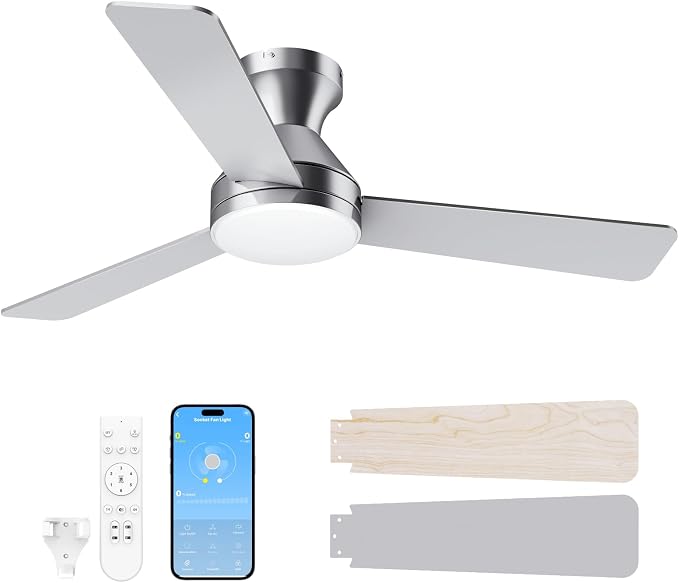 LANMEL Ceiling Fan with Light, Modern Flush Mount Low Profile with Remote Control, Reversible, 3CCT Dimmable, Quiet,LED for Bedroom, Living Room, Indoor/Outdoor Patio Use 42 Inch Silver