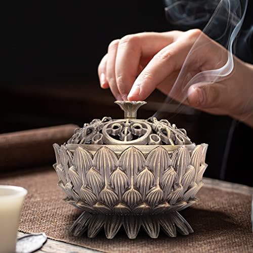 Metal Incense, Anti Corrode Zinc Alloy Material Vintage Lotus Incense Holder Sandalwood for Home Decoration Meditation(Bronze)