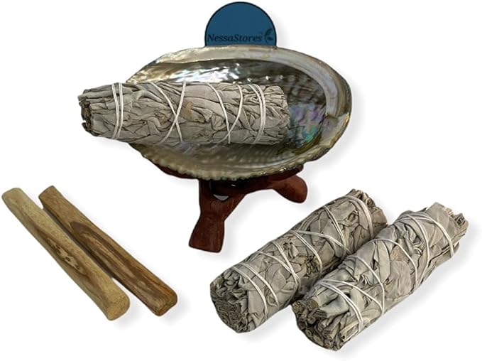 NessaStores 7 pc Sage Smudge Kit with Palo Santo Sticks, White Sage Smudge Sticks, Abalone Shell, & Tripod Stand Stand for Home Cleansing, Stress Relief & Meditation JC-211